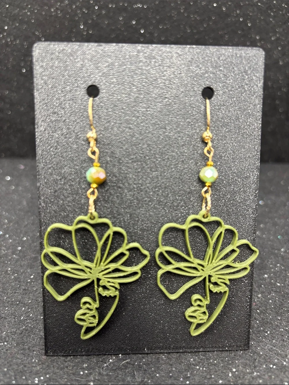Olive Green Floral Line Art Dangle Earrings